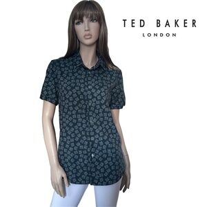 Ted Baker London Blouse Top Shirt Geometric Pattern Full Button Front Micro Dots